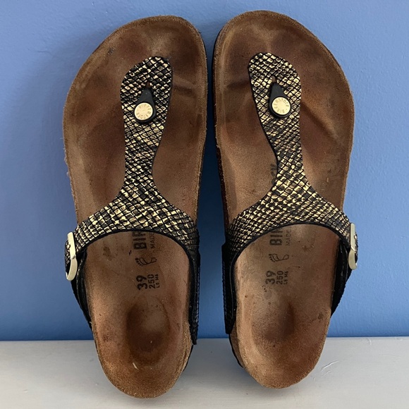 Birkenstock Shoes - Birkenstock - Women’s Black and Gold Snakeskin Gizeh Sandals - EU 39 / US 8.5